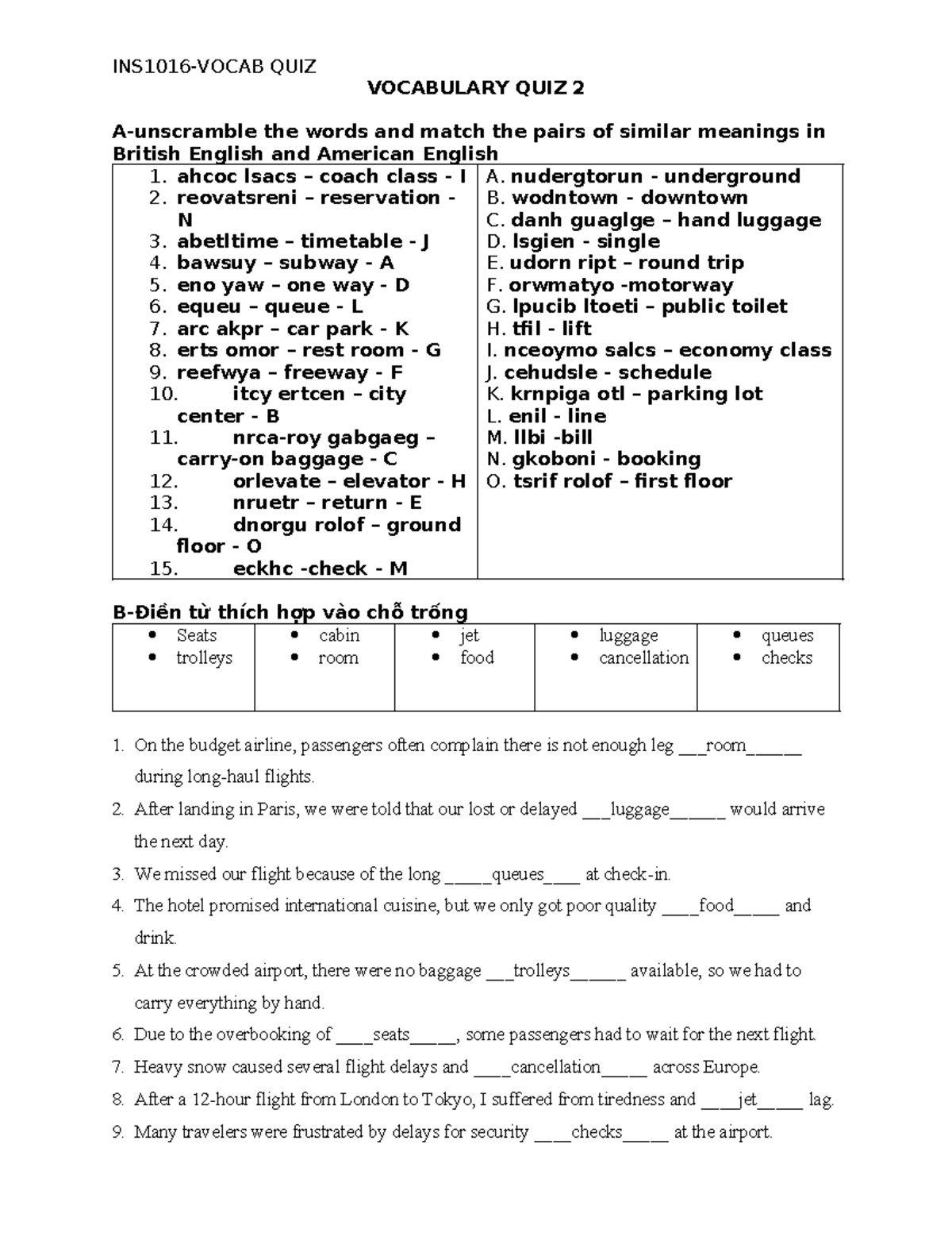 QUIZ 2: Vocabulary Matching - British & American English - Studocu