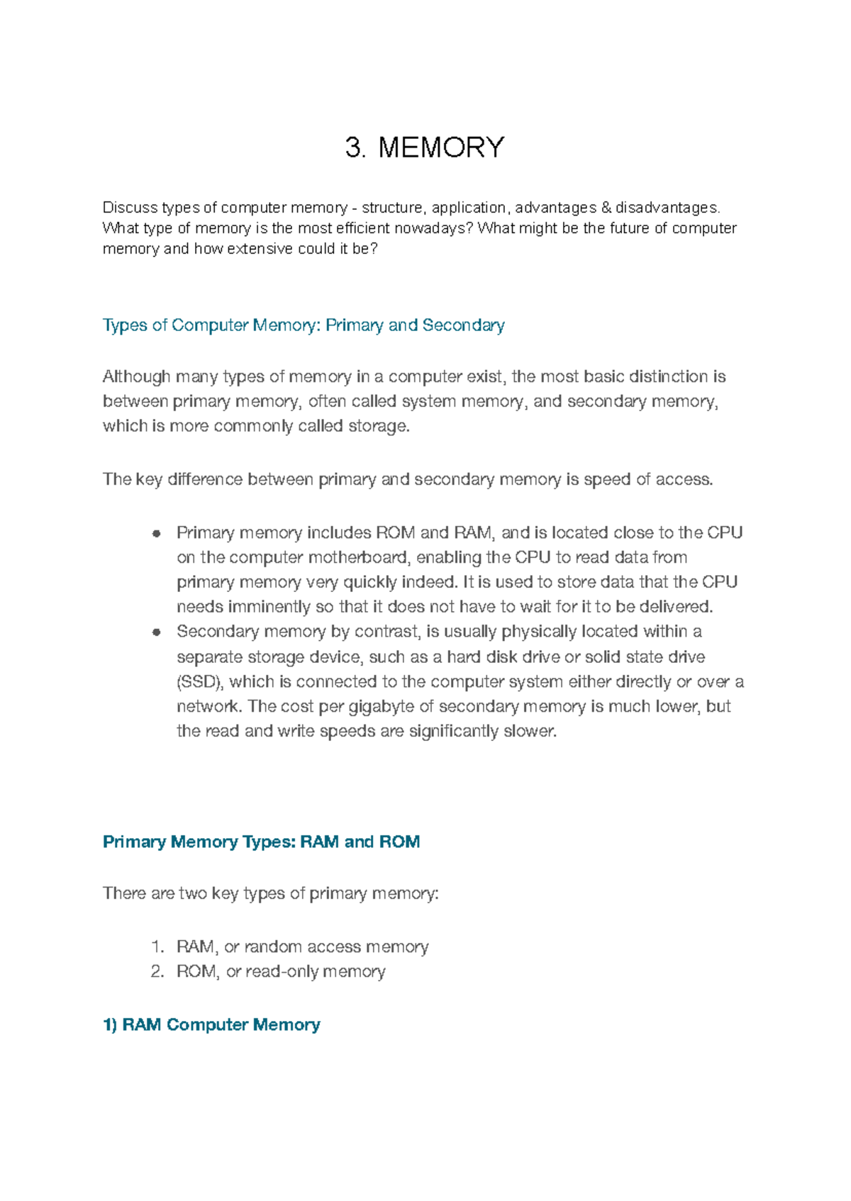 CS C1 Oral Exam: Exploring Computer Memory Types & Efficiency - Studocu