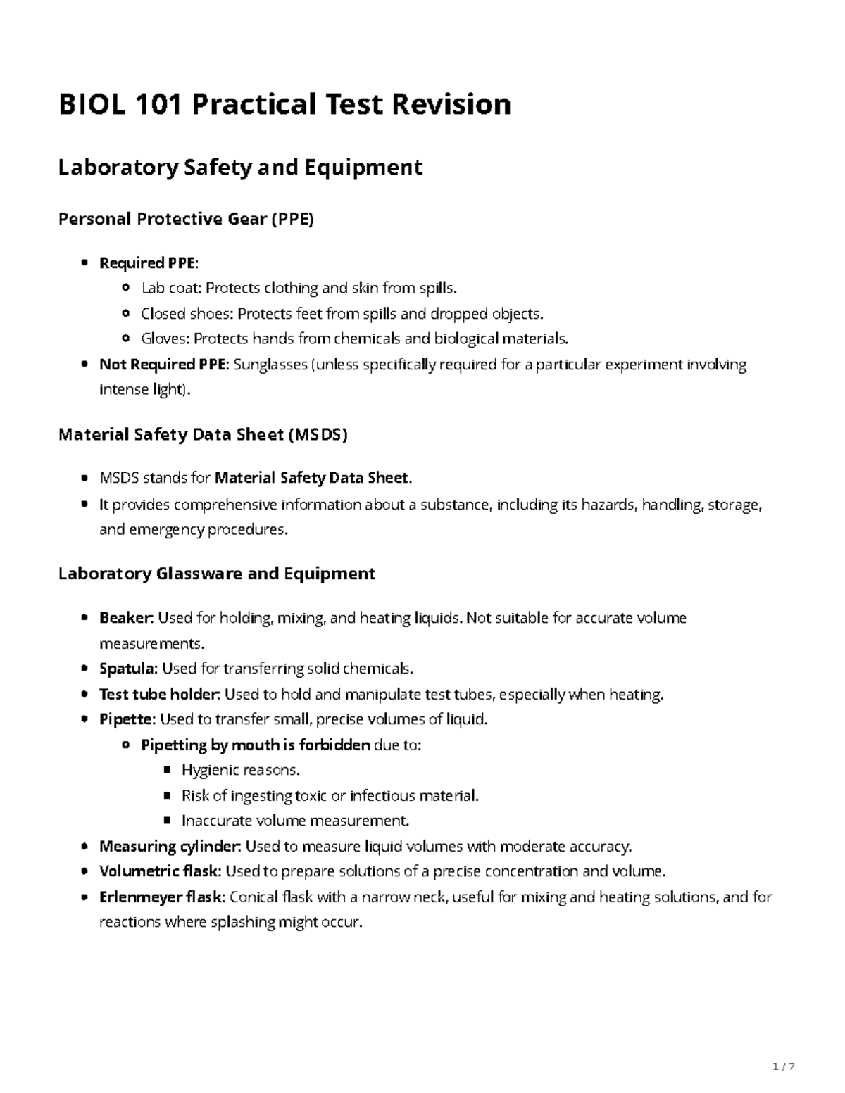 BIOL 101 Practical Test Revision: Lab Safety & Equipment Guide - Studocu