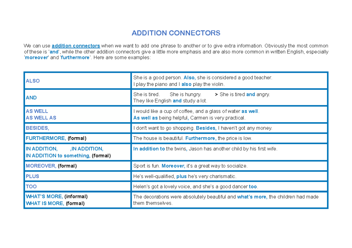 Connectors A2: Understanding addition, time, and sequential connectors ...