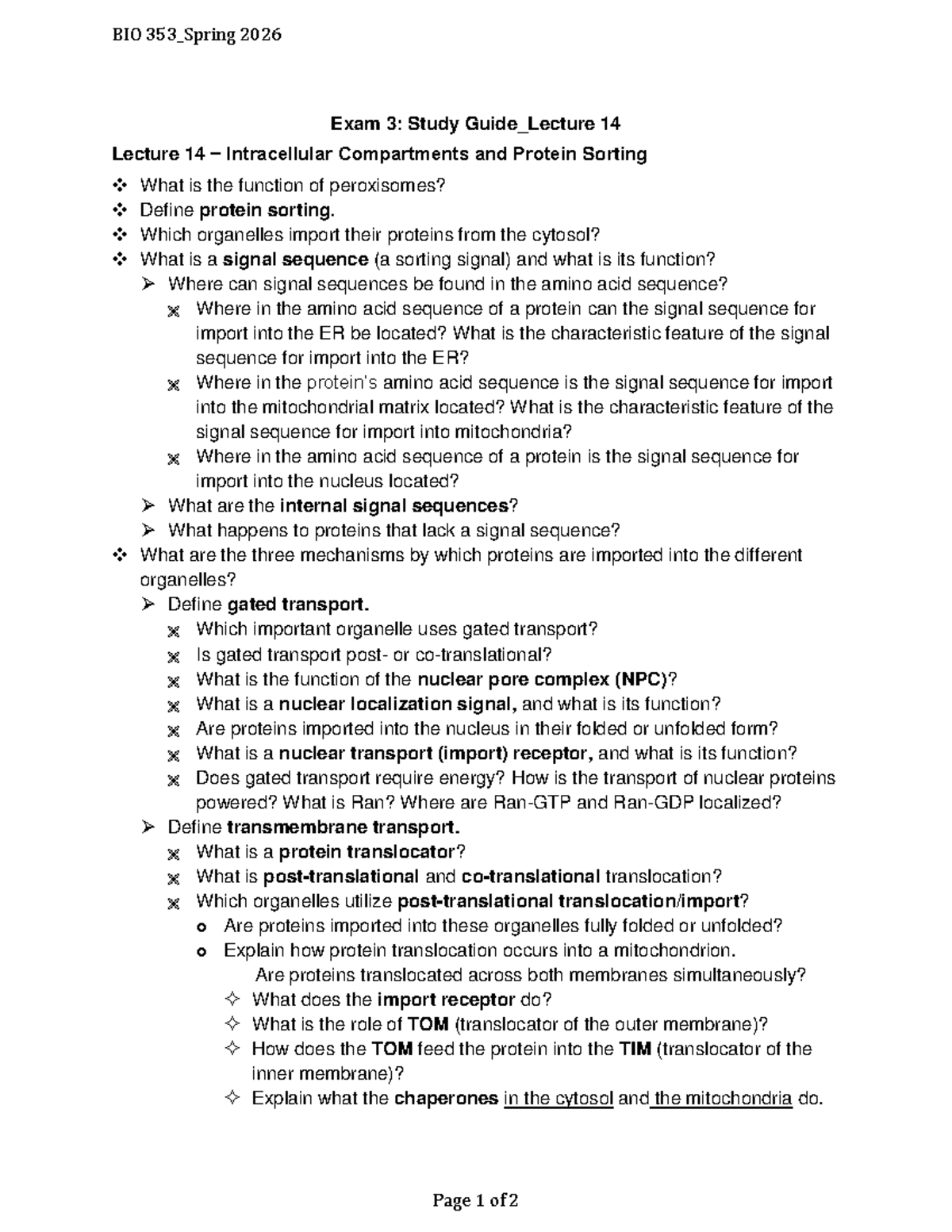 BIO 353 Spring 2026 Exam 3 Study Guide: Intracellular Compartments ...