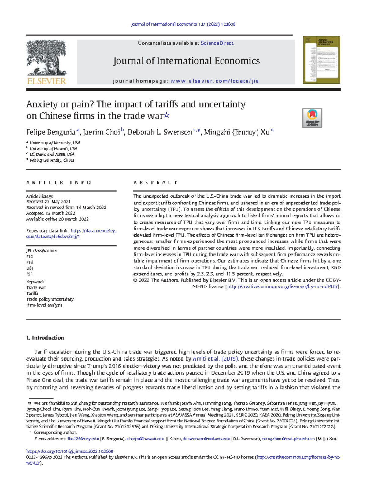 Impact of Tariffs and Uncertainty on Chinese Firms: JIE 137 (2022) - Studocu