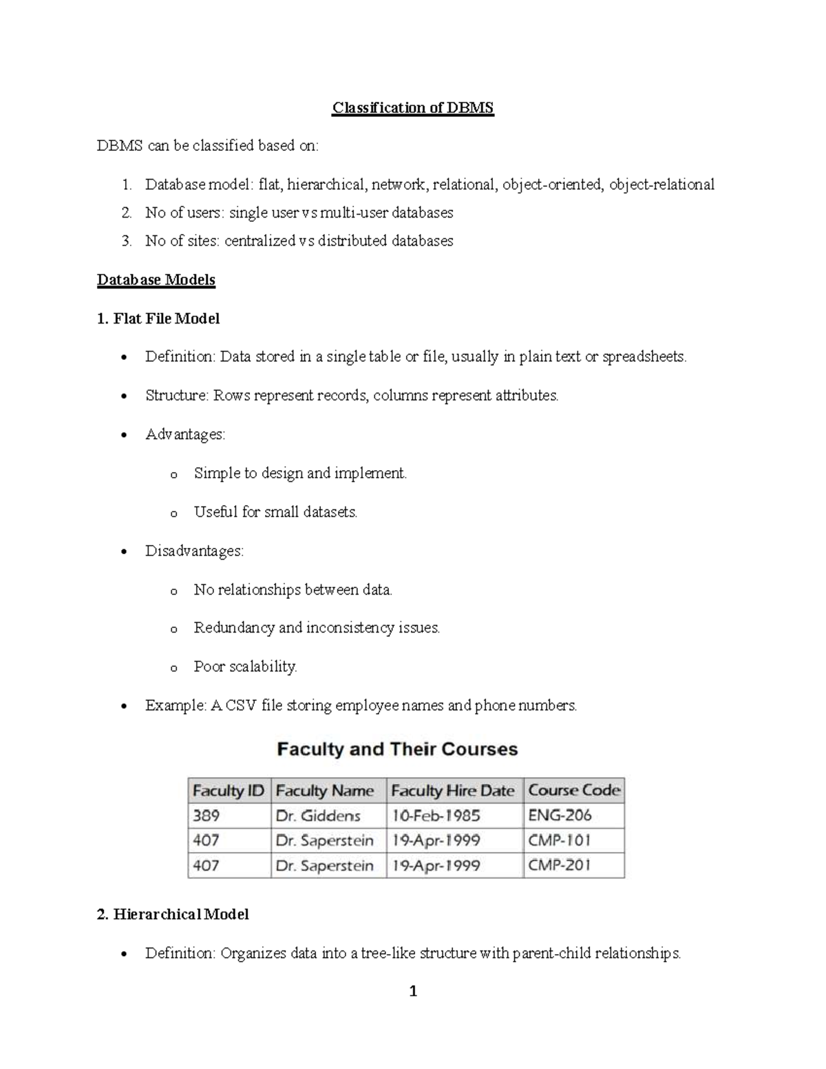 Classification of DBMS: Models, Users, and Sites Analysis - Studocu