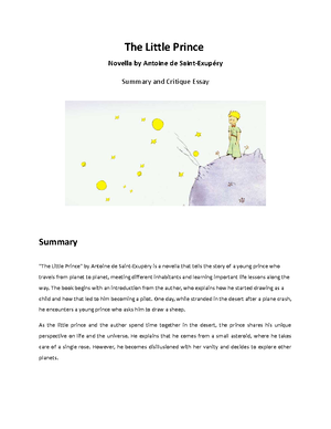The Little Prince Summary - World Literature - WMSU - Studocu