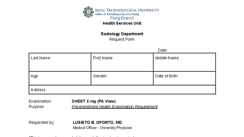 Diagnostic Test Request - Pasig Branch Health Services Unit Radiology ...