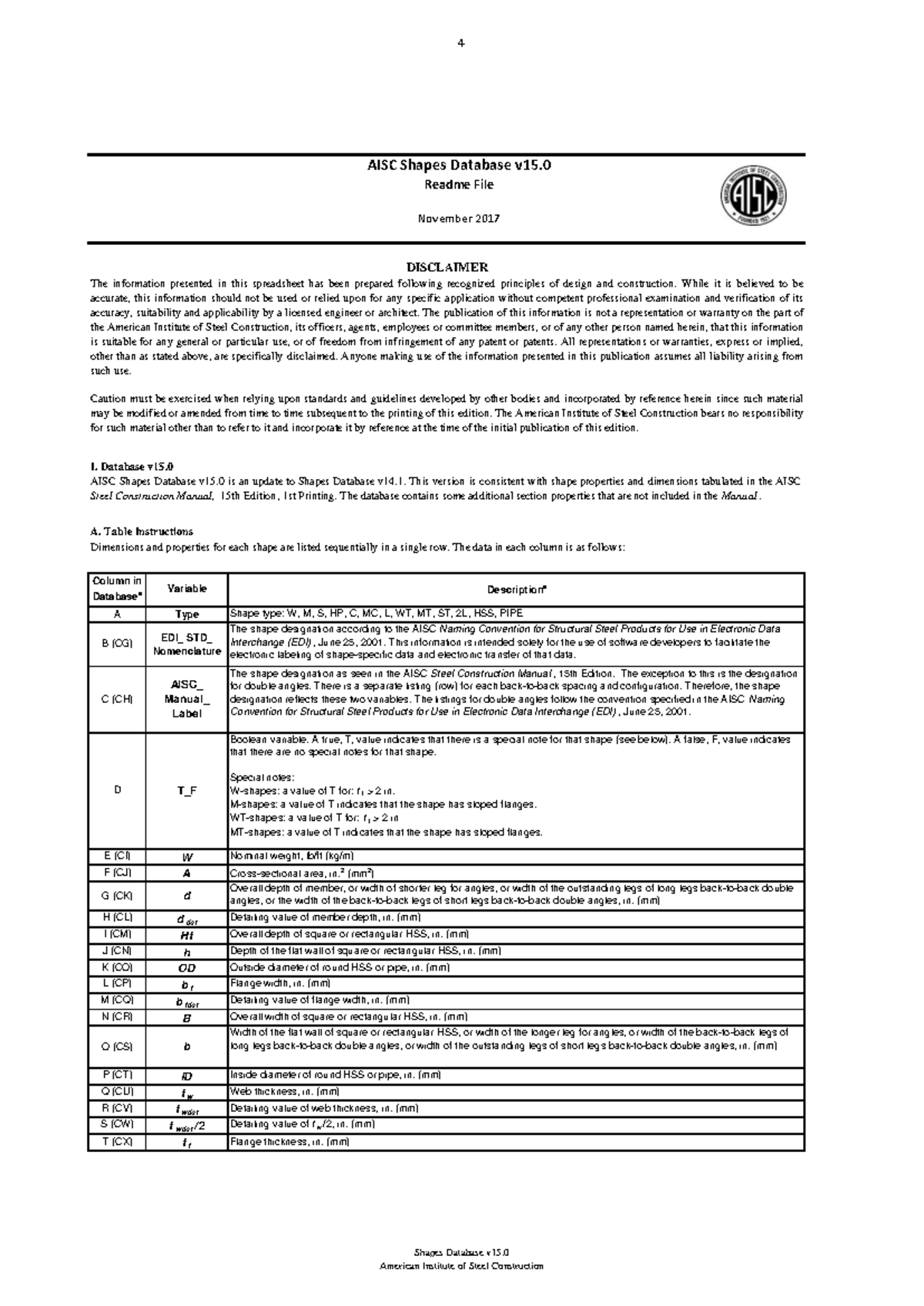 Aisc read - aisc - I. Database v15. A. Table Instructions A Type E (CI ...