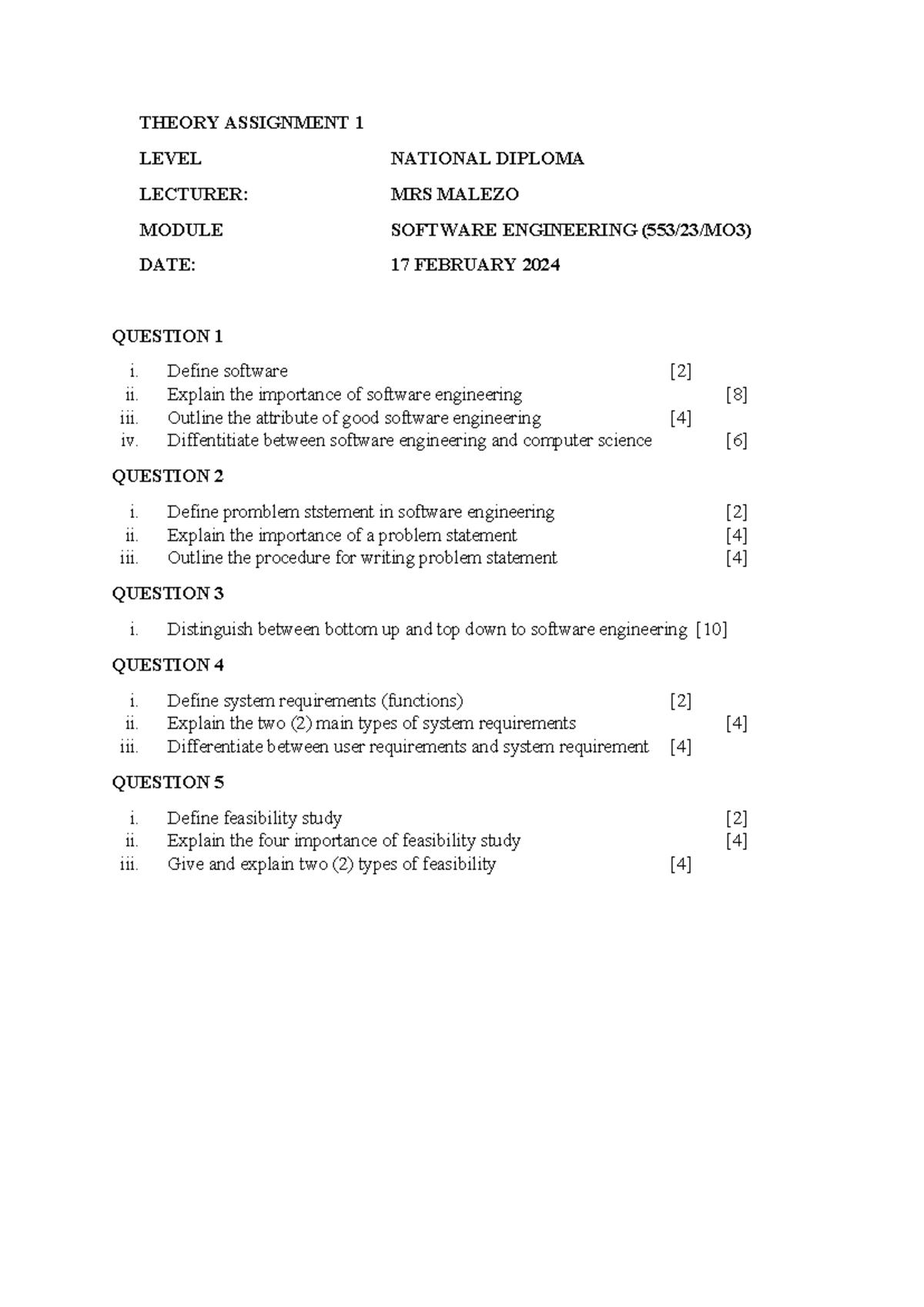 Software engineering theory 1 - THEORY ASSIGNMENT 1 LEVEL NATIONAL ...