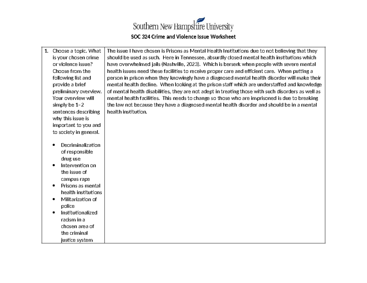 Soc324 crime and violence issue worksheet - SOC 324 Crime and Violence ...