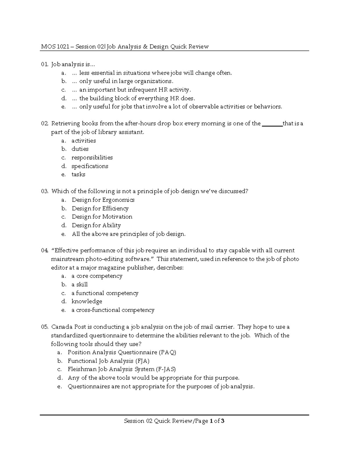 MOS 1021 Session 02 Job Analysis Quick Review Questions - Studocu