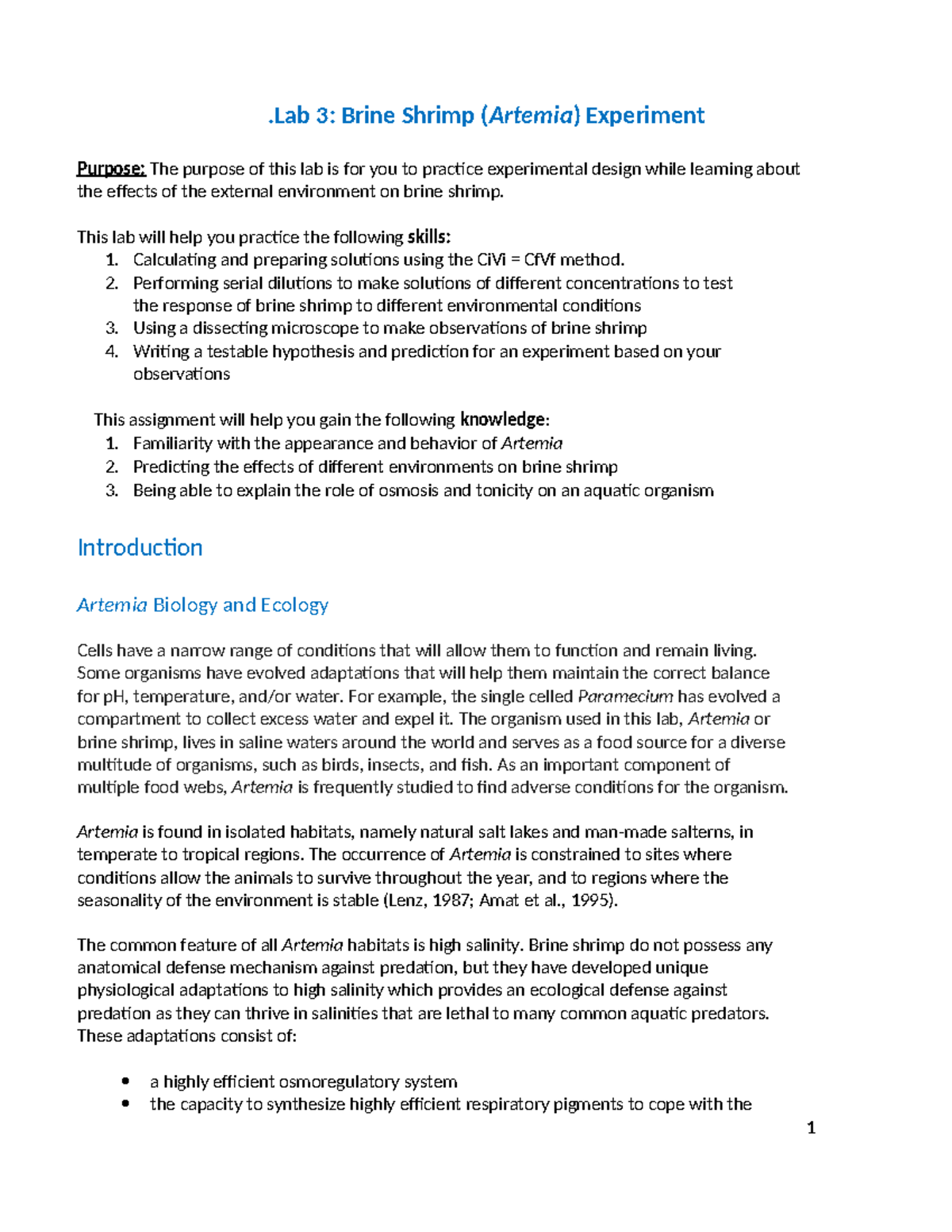 Lab 3 - Brine Shrimp Experiment: Environmental Effects on Artemia (Sum ...