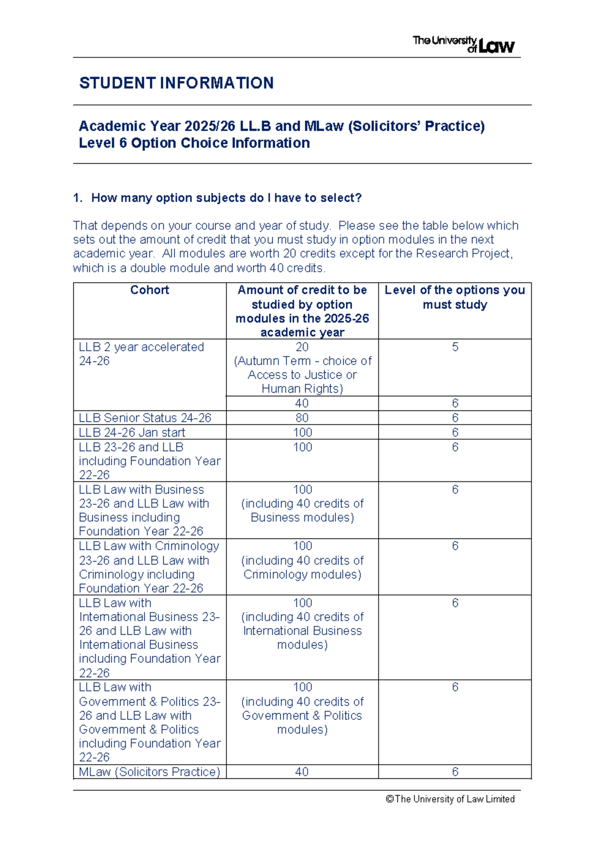 LLB & MLaw Level 6 Option Choice Info for Academic Year 2526 - Studocu