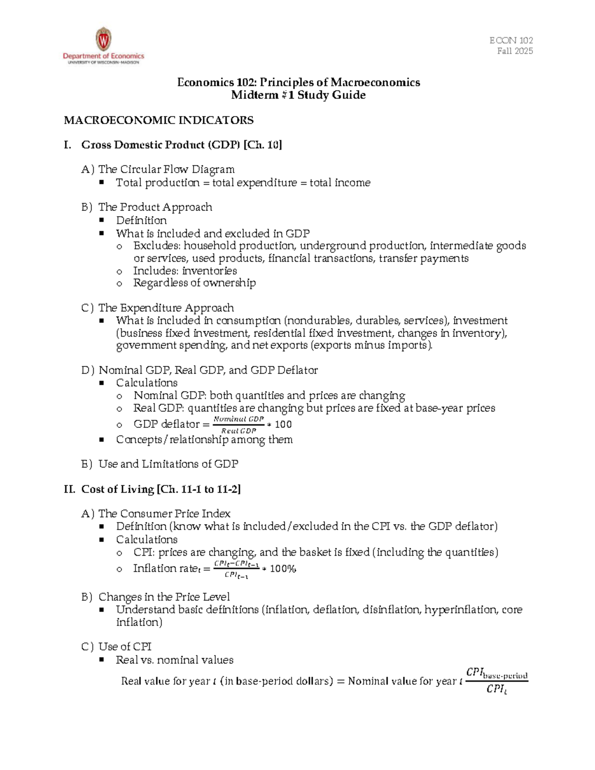 ECON 102 Fall 2025 Midterm #1 Study Guide: Macroeconomic Indicators ...