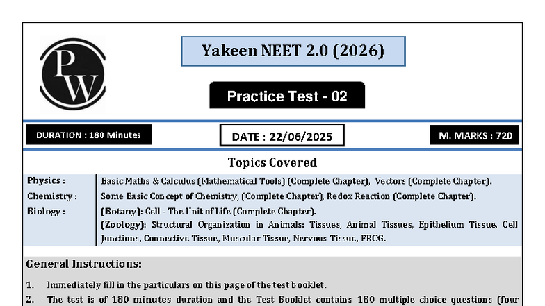 Yakeen NEET 2.0 (2026) Practice Test 02 Answer Key & Solutions - Studocu