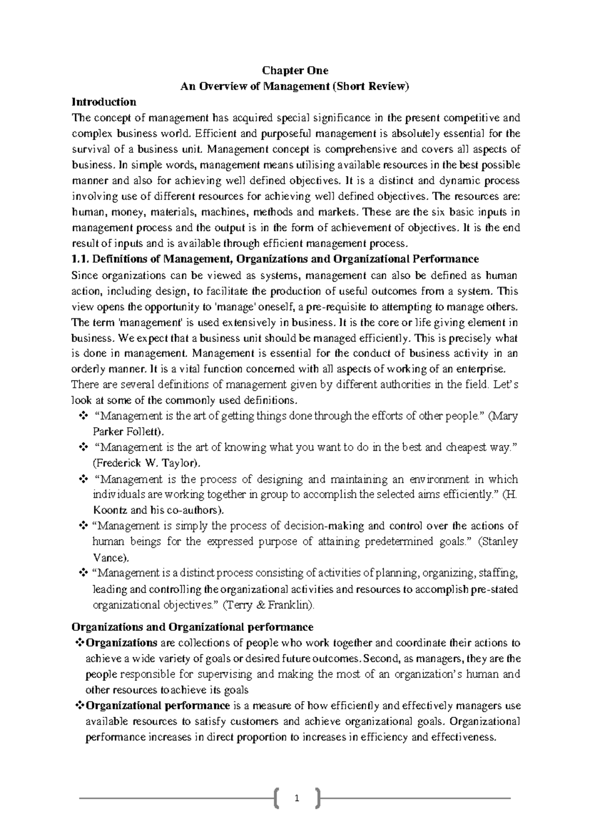 Mgt Thought and ET Ch1-6 - Chapter One An Overview of Management (Short ...
