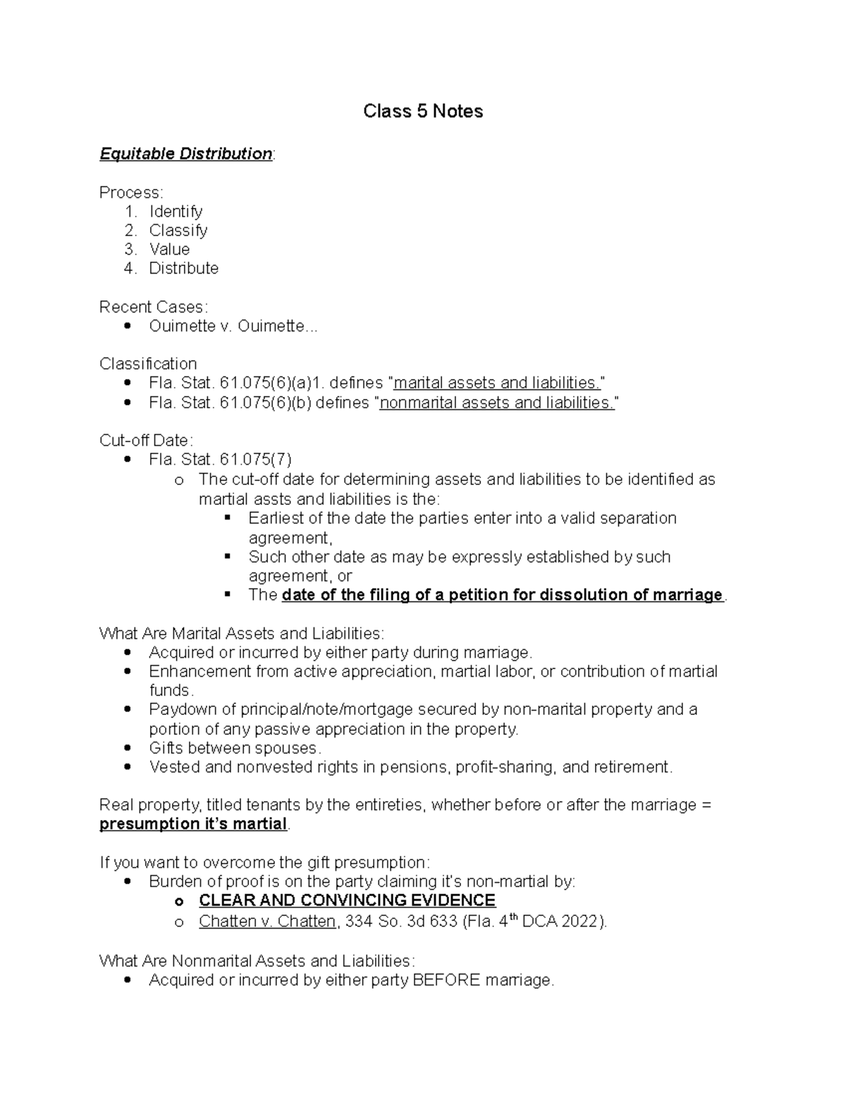 Class 6 Notes- Family Law - Class 5 Notes Equitable Distribution ...