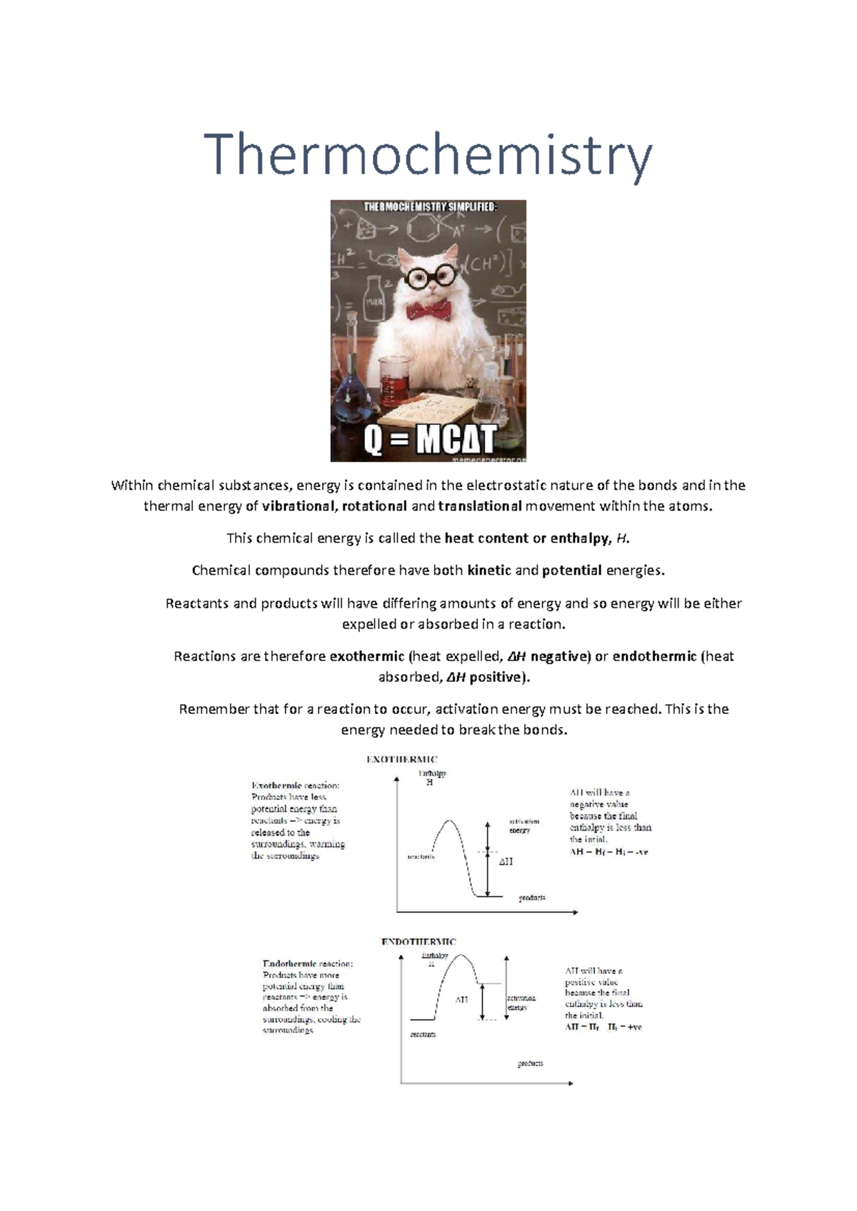 Thermochemistry Notes for VCE Chemistry Unit 3 & 4 - Studocu