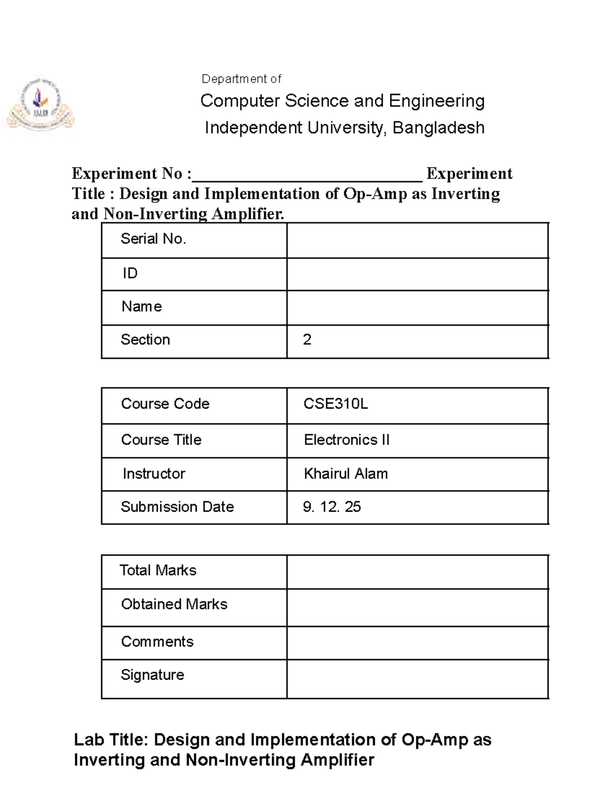 CSE310L Lab 3: Design & Implementation of Inverting Amplifier - Studocu