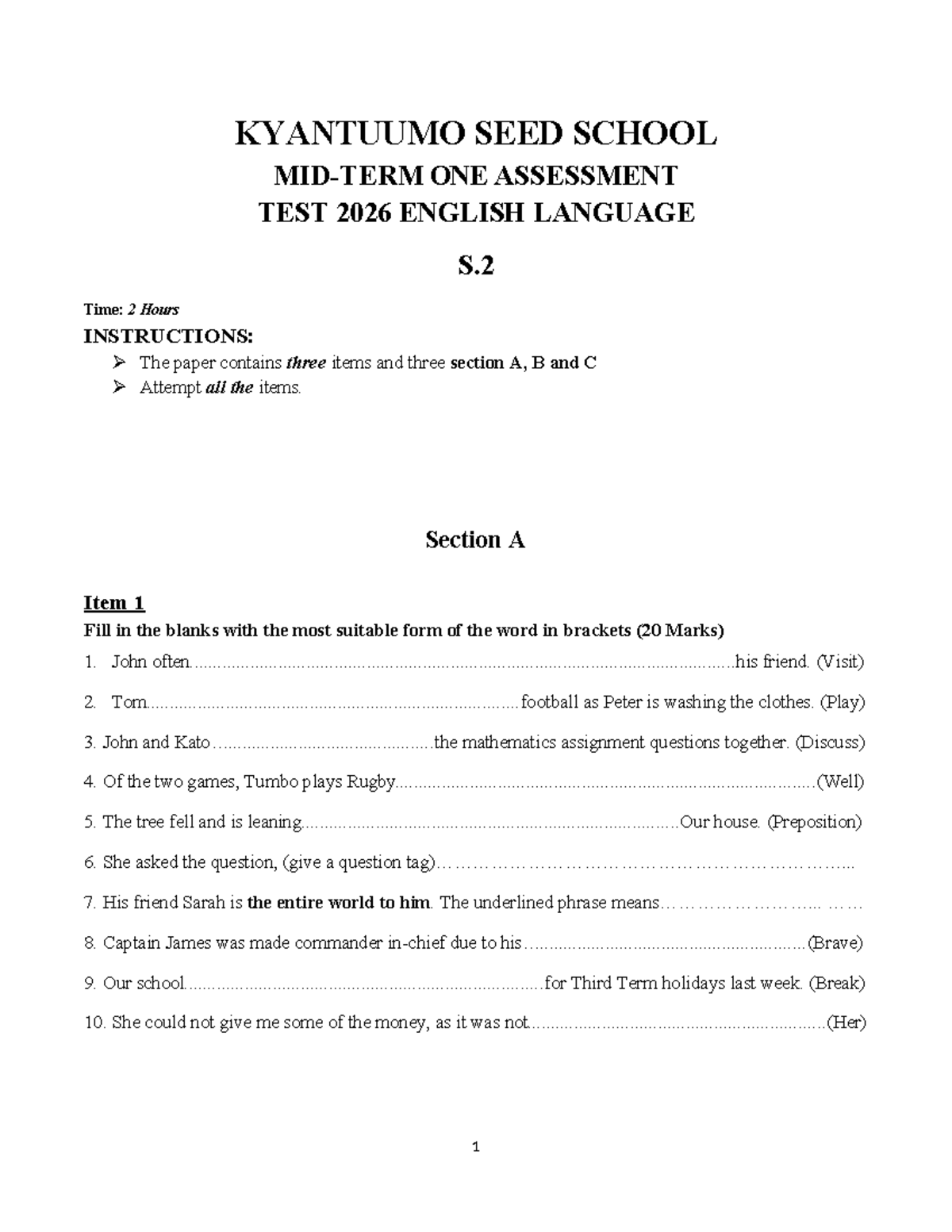 S2 English Language MOT 1 Assessment Test 2026 - Studocu