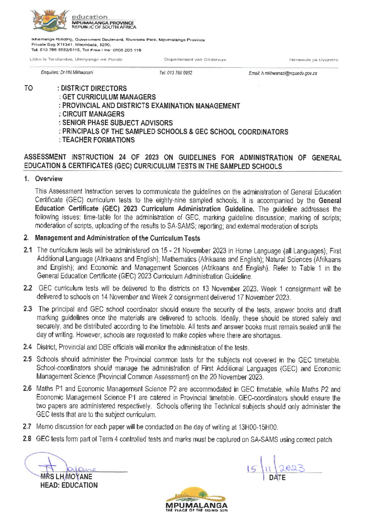 Assessment instruction 24 of 2023 on Guidelines for Administration of ...