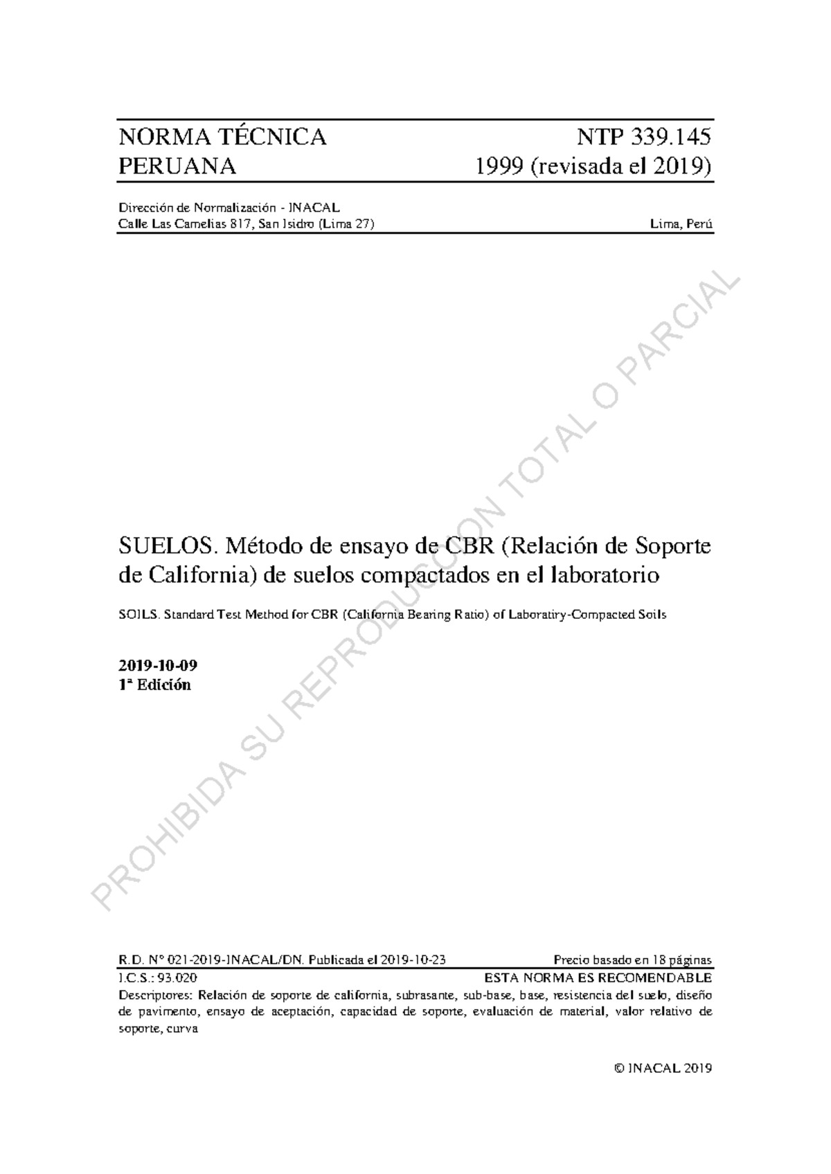 Norma Técnica Peruana NTP 339.145: Método de Ensayo CBR de Suelos - Document Preview