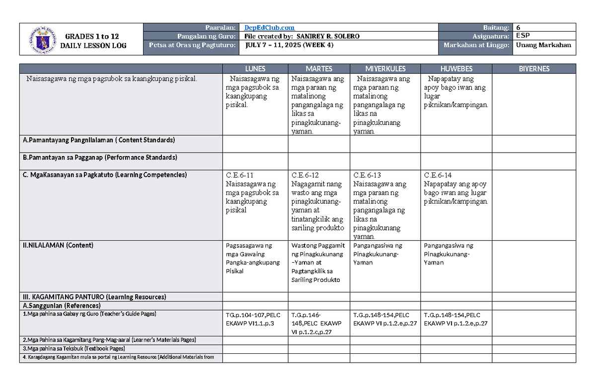 DLL ESP 6 Q1 W4: Daily Lesson Log for Grade 6 ESP - Studocu