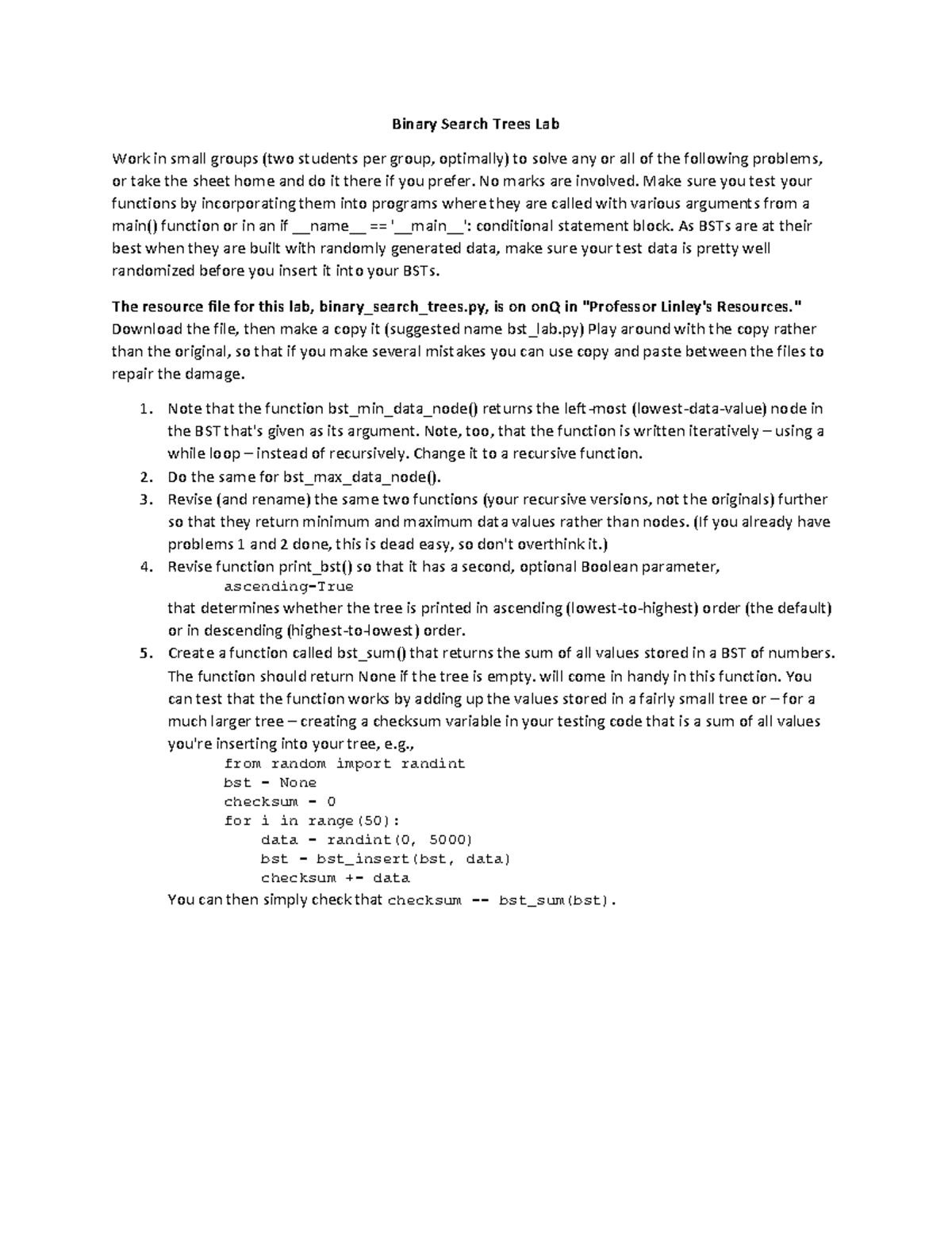 Binary search trees lab - Binary Search Trees Lab Work in small groups ...