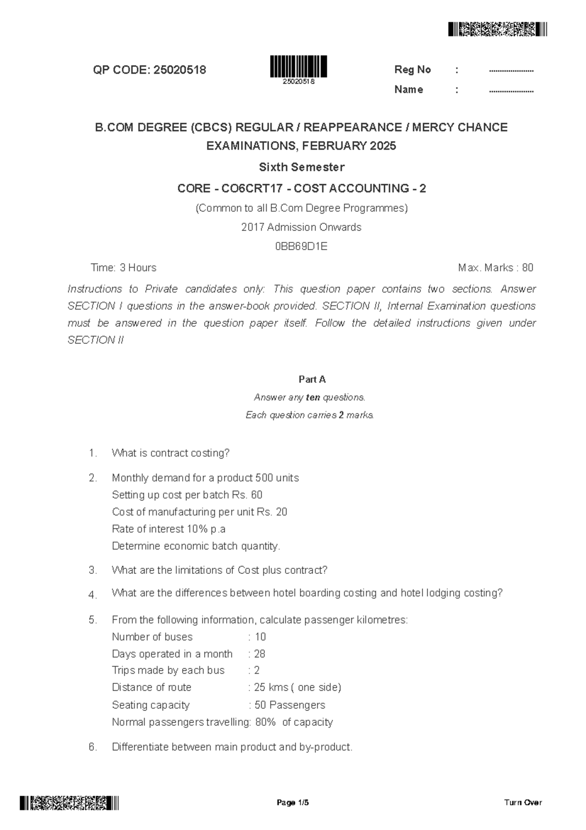 B.COM CORE CO6CRT17 Cost Accounting 2 Exam Paper - Feb 2025 - Studocu