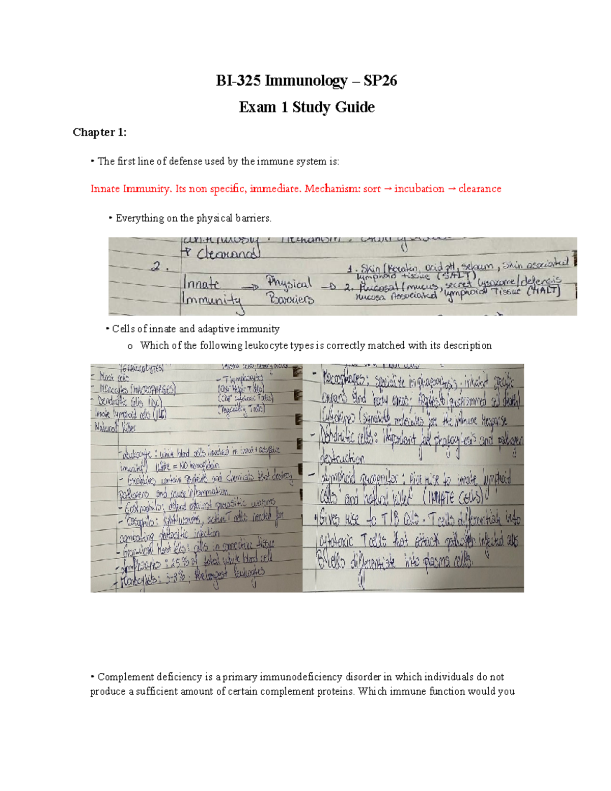BI325 - Immunology SP26 Exam 1 Study Guide: Innate vs Adaptive Immunity ...