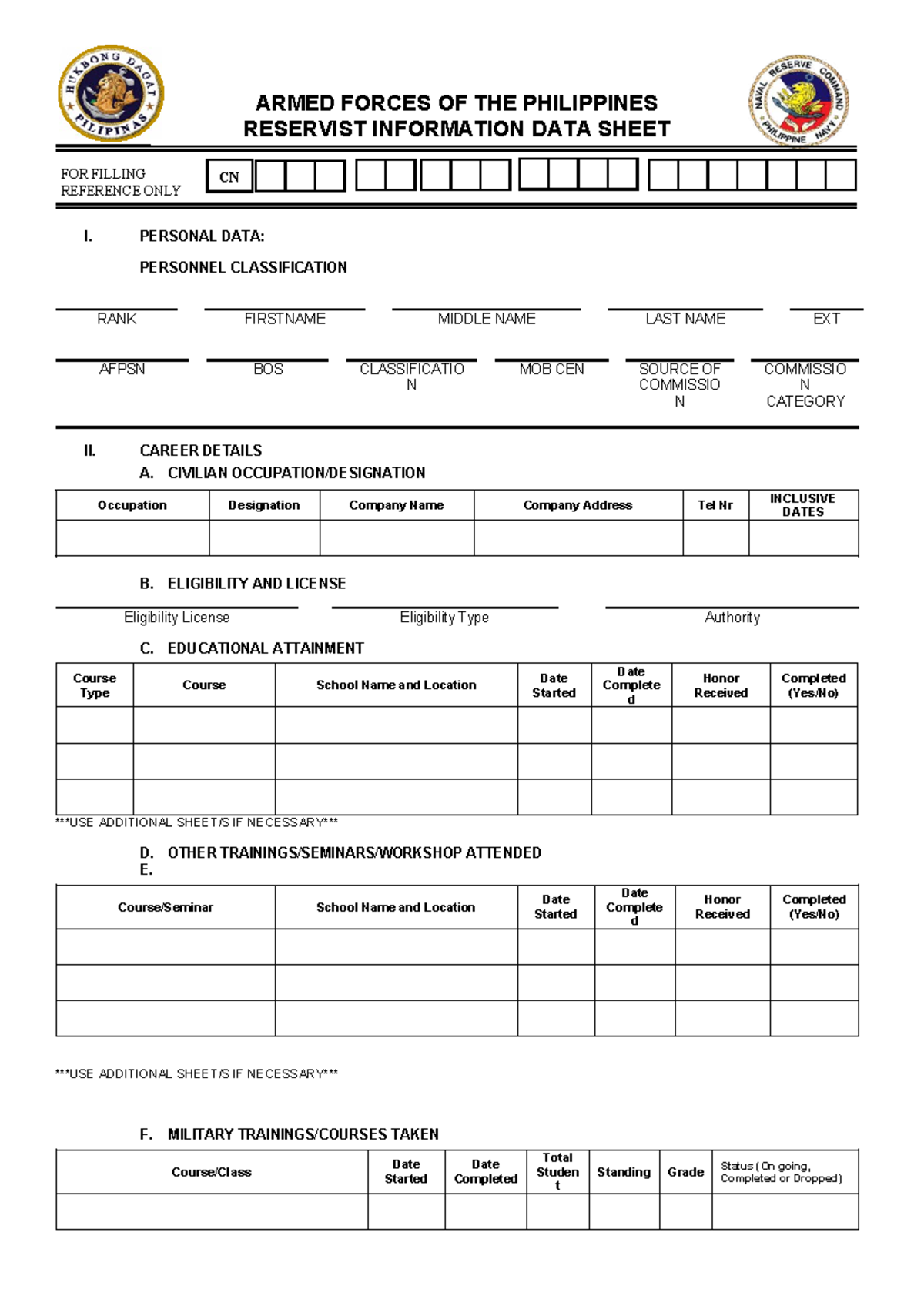 AFP Reservist Information Data Sheet - Reference Only - Studocu