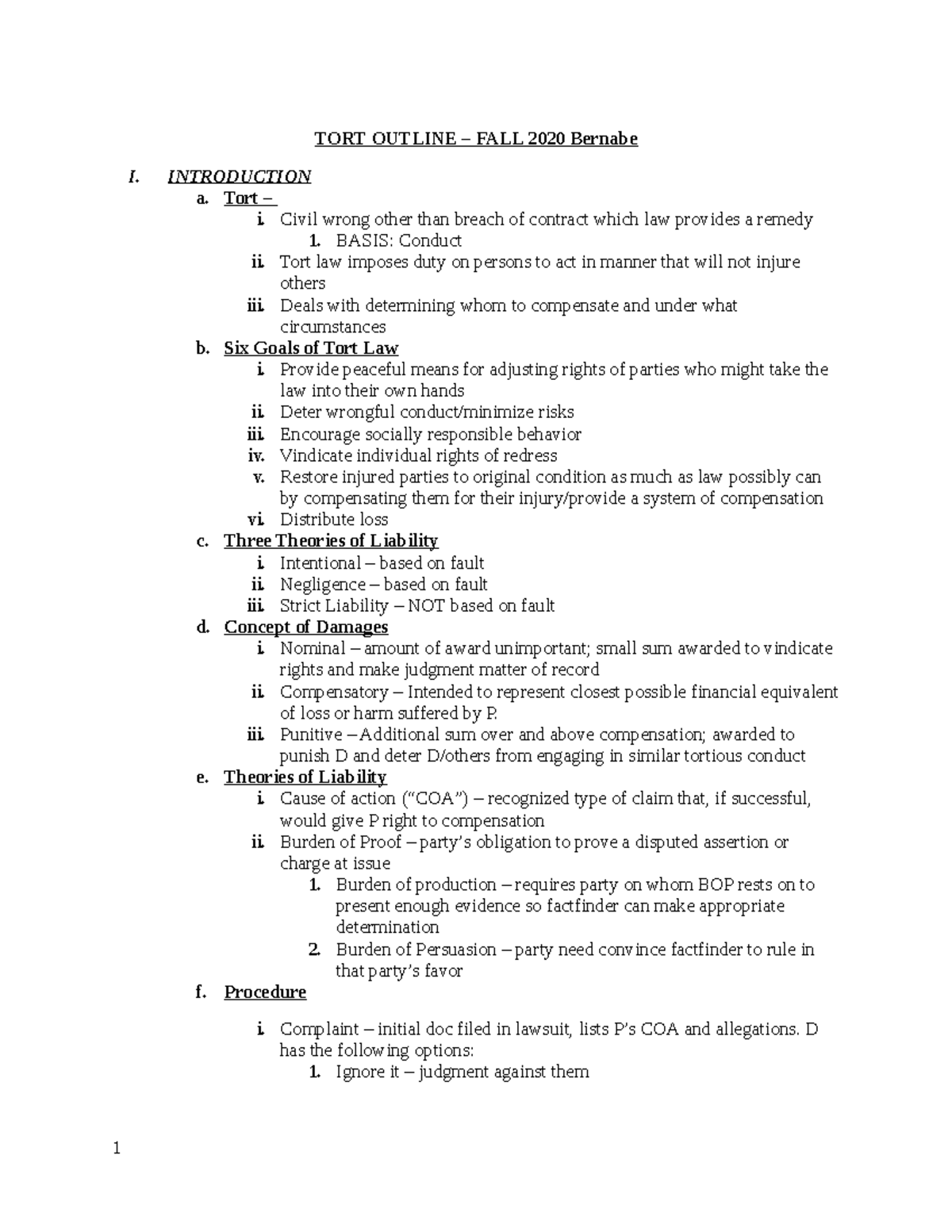 TORTS OUTLINE FALL 2020: Key Concepts and Theories of Liability - Studocu