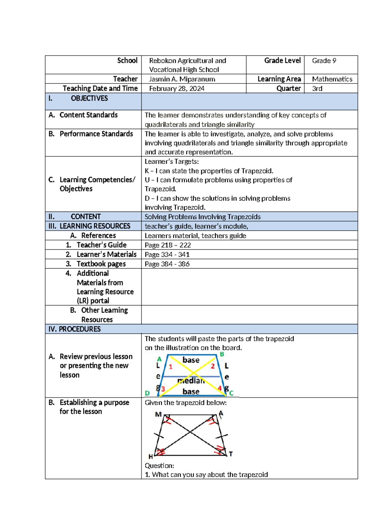 Co3 Math Grade 9 Lesson on Trapezoids and Their Properties - Studocu