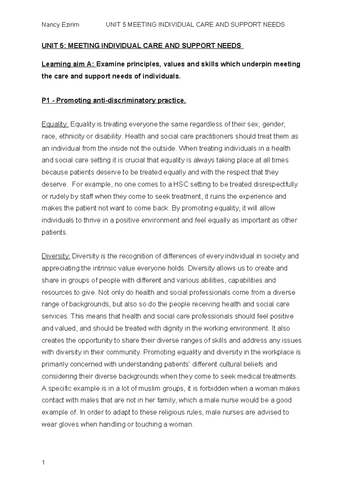 Learning aim A task 1 coursework - UNIT 5: MEETING INDIVIDUAL CARE AND ...