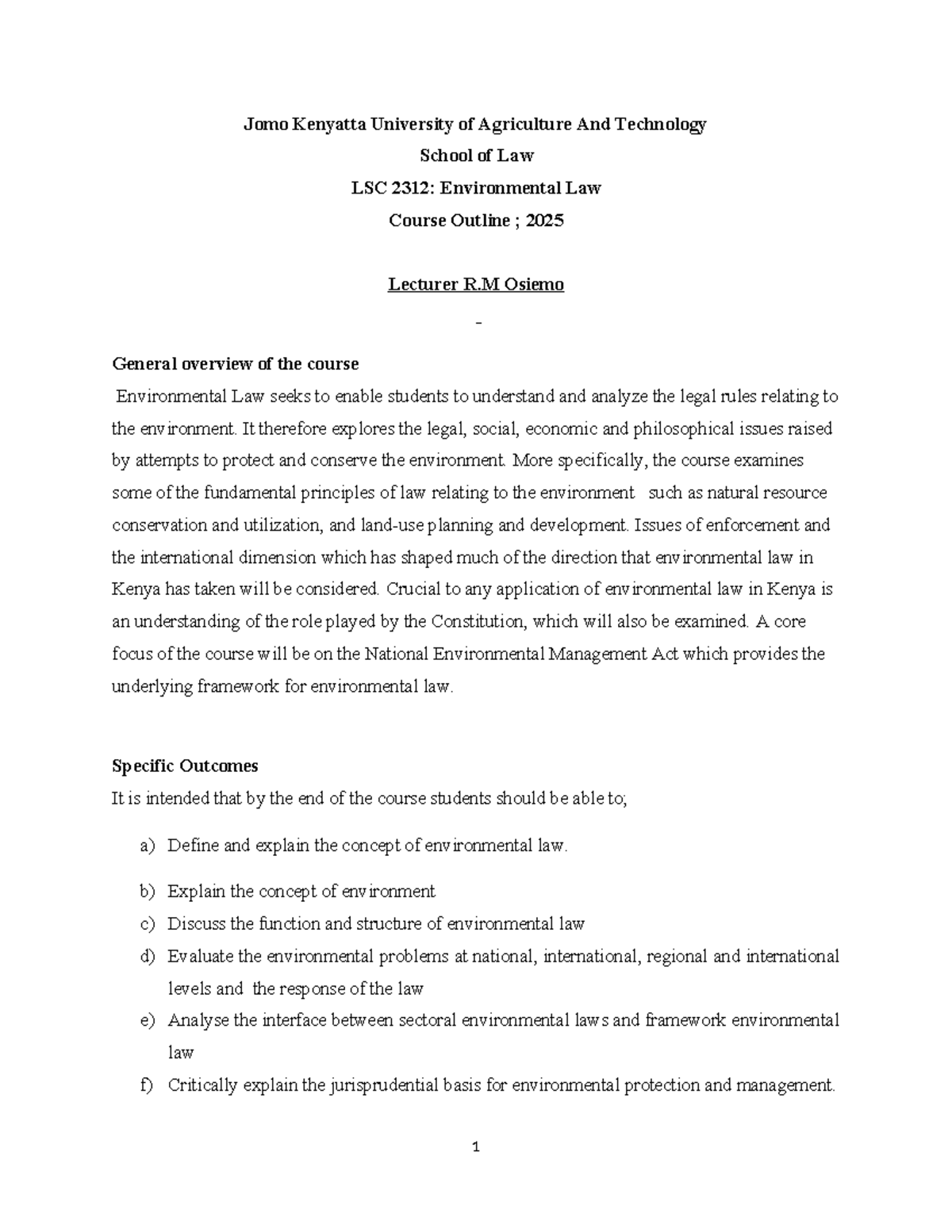 LSC 2312: Environmental Law Course Outline 2025 at JKUAT - Studocu