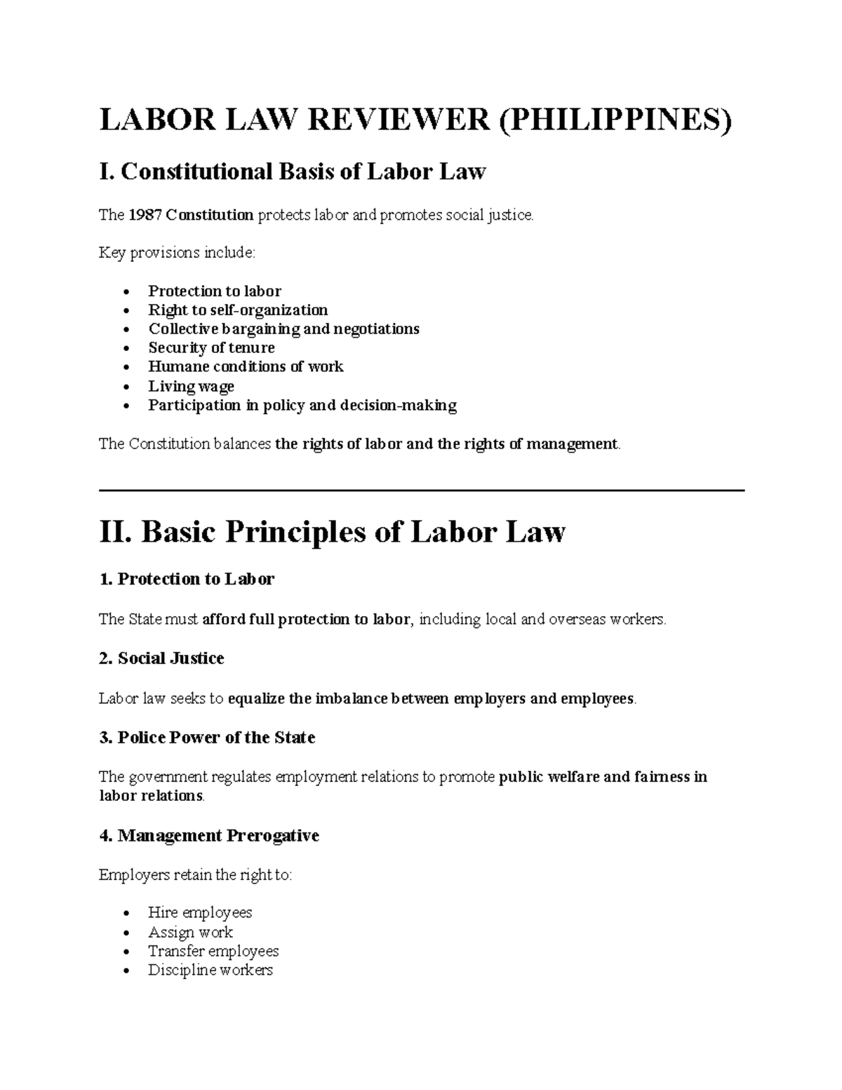 Labor Law Reviewer (Philippines): Key Principles & Rights - Studocu