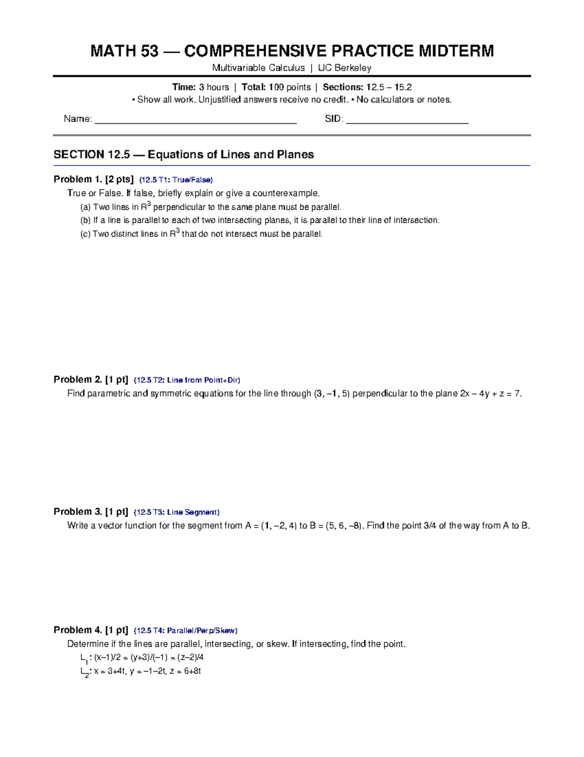 MATH 53 FULL PRACTICE MIDTERM Multivariable Calculus UC Berkeley - Studocu