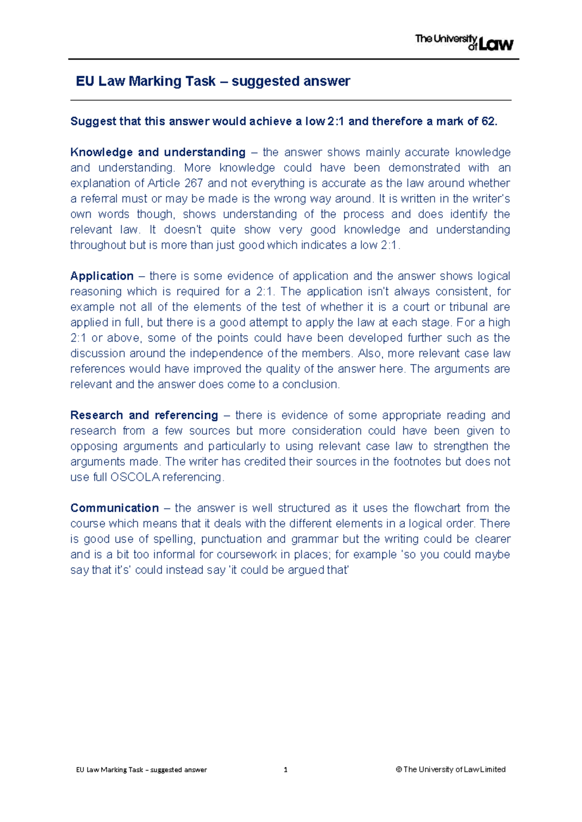 EU Law Marking Task: Suggested Answer Evaluation for Low 2:1 - Studocu