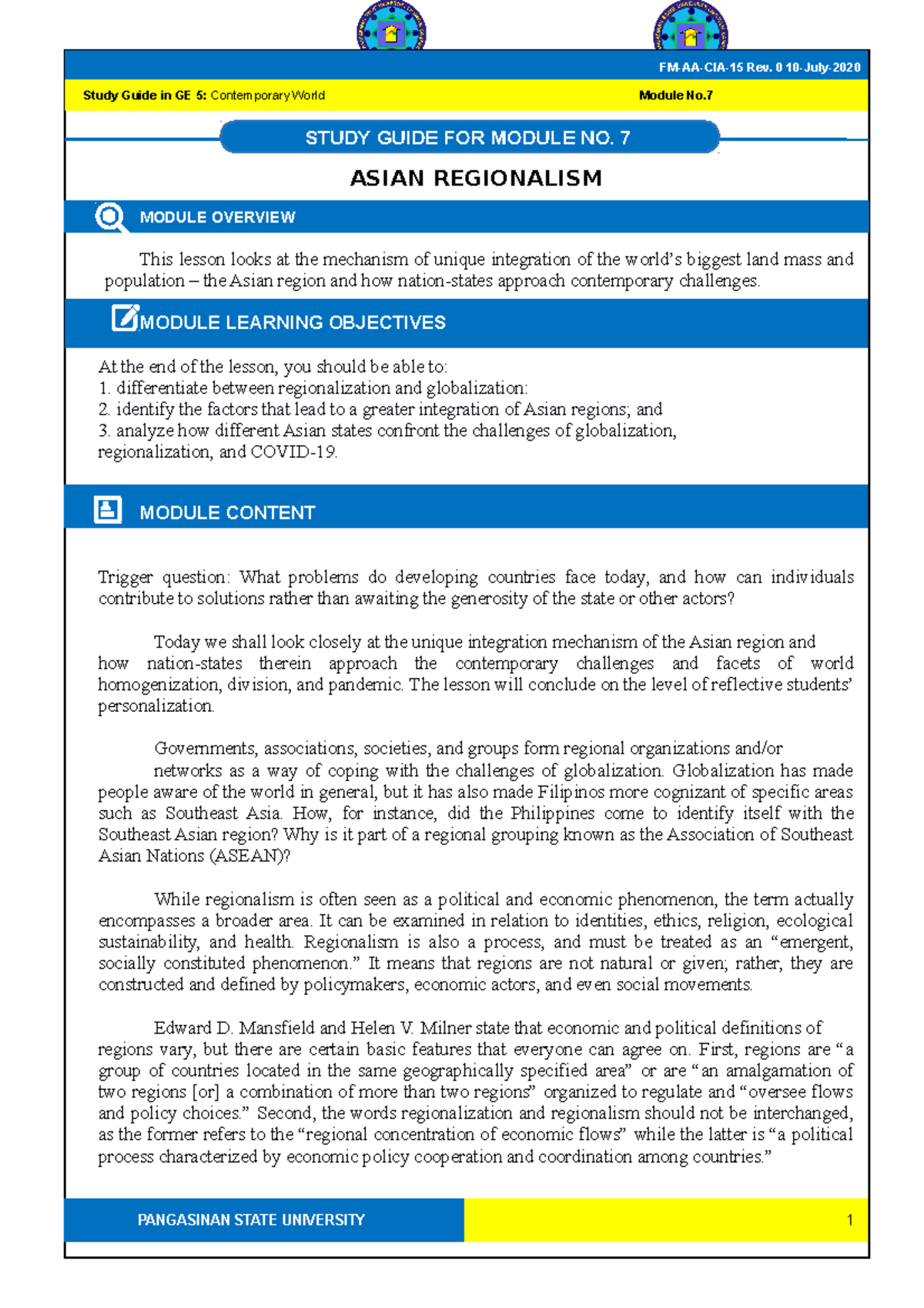 GE 5 Module 7: Analyzing Asian Regionalism and Integration Challenges ...