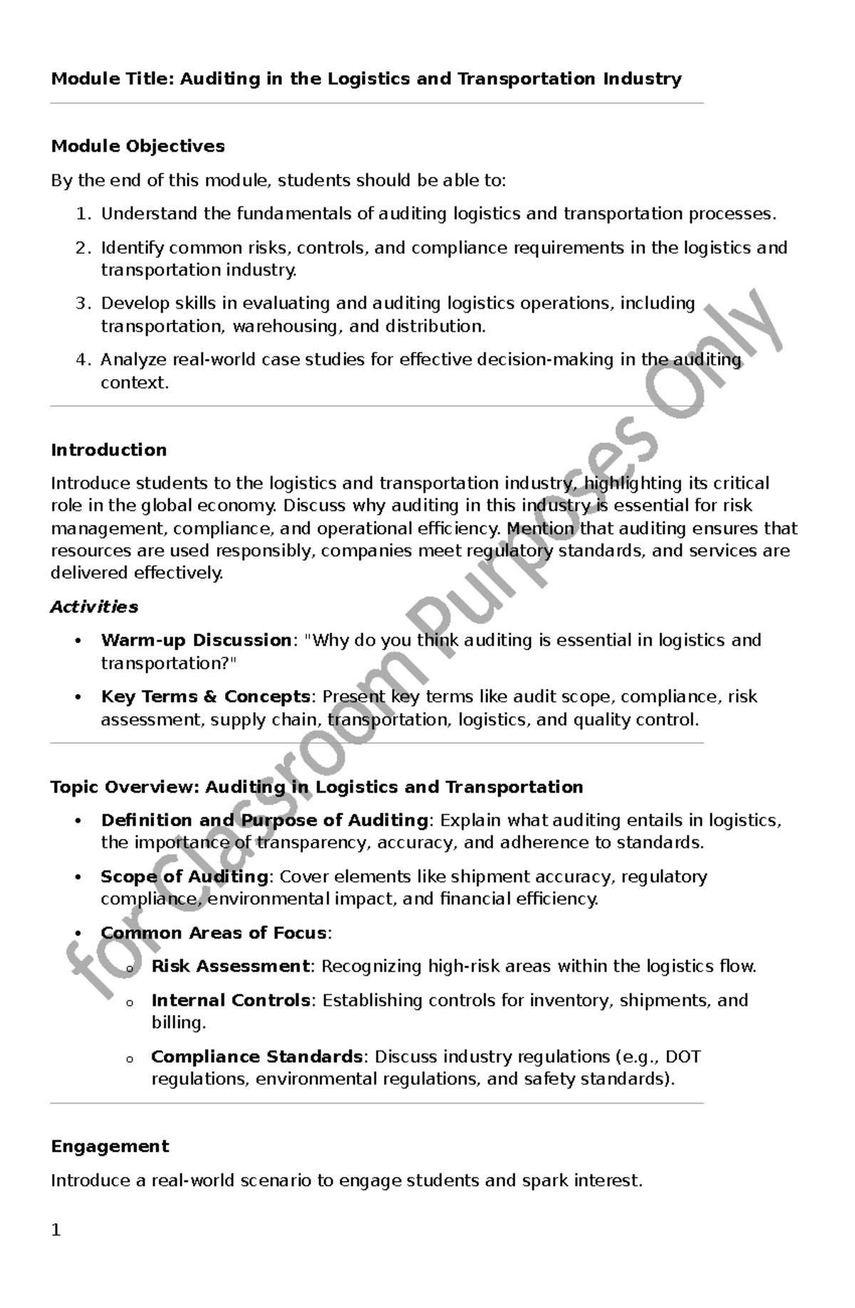 Auditing Logistics & Transportation: Key Concepts & Techniques Module ...