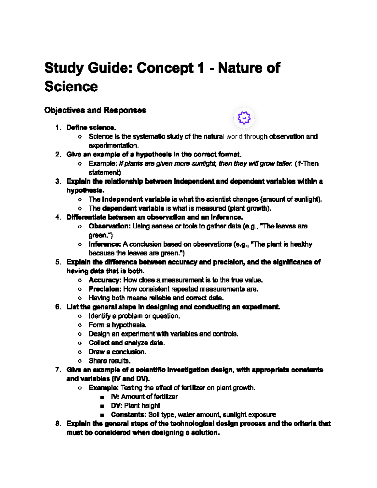 SDA - Study Guide: Nature of Science Concepts and Objectives - Studocu