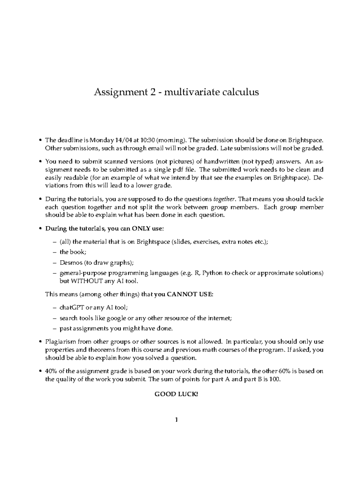 Assignment 2: Multivariate Calculus (Parts A & B) - Studeersnel