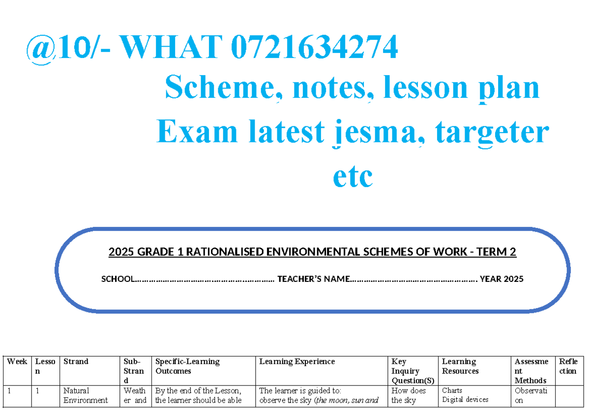 0721634274 - Grade 1 Environmental Schemes of Work Term 2 2025 - Studocu