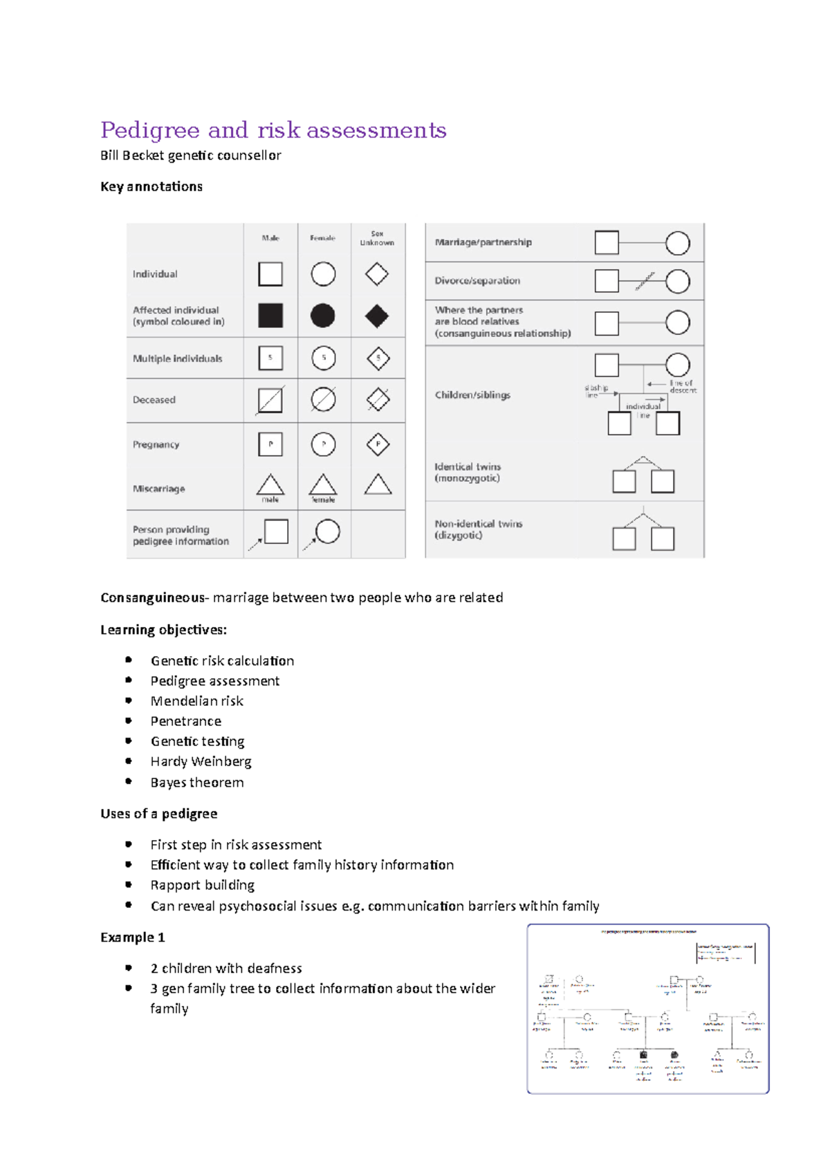 Pedigree and risk assessments notes - BIOL31402 - Manchester - Studocu