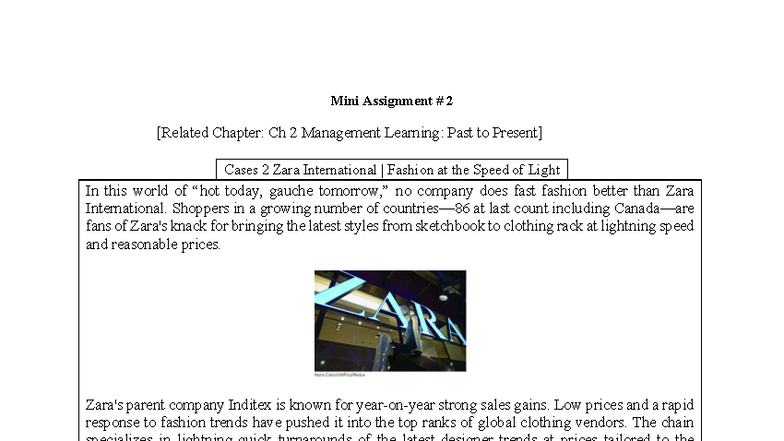 Mini Assignment 2: Ch 2 Management Learning - Zara Intl Case Study 2024 ...