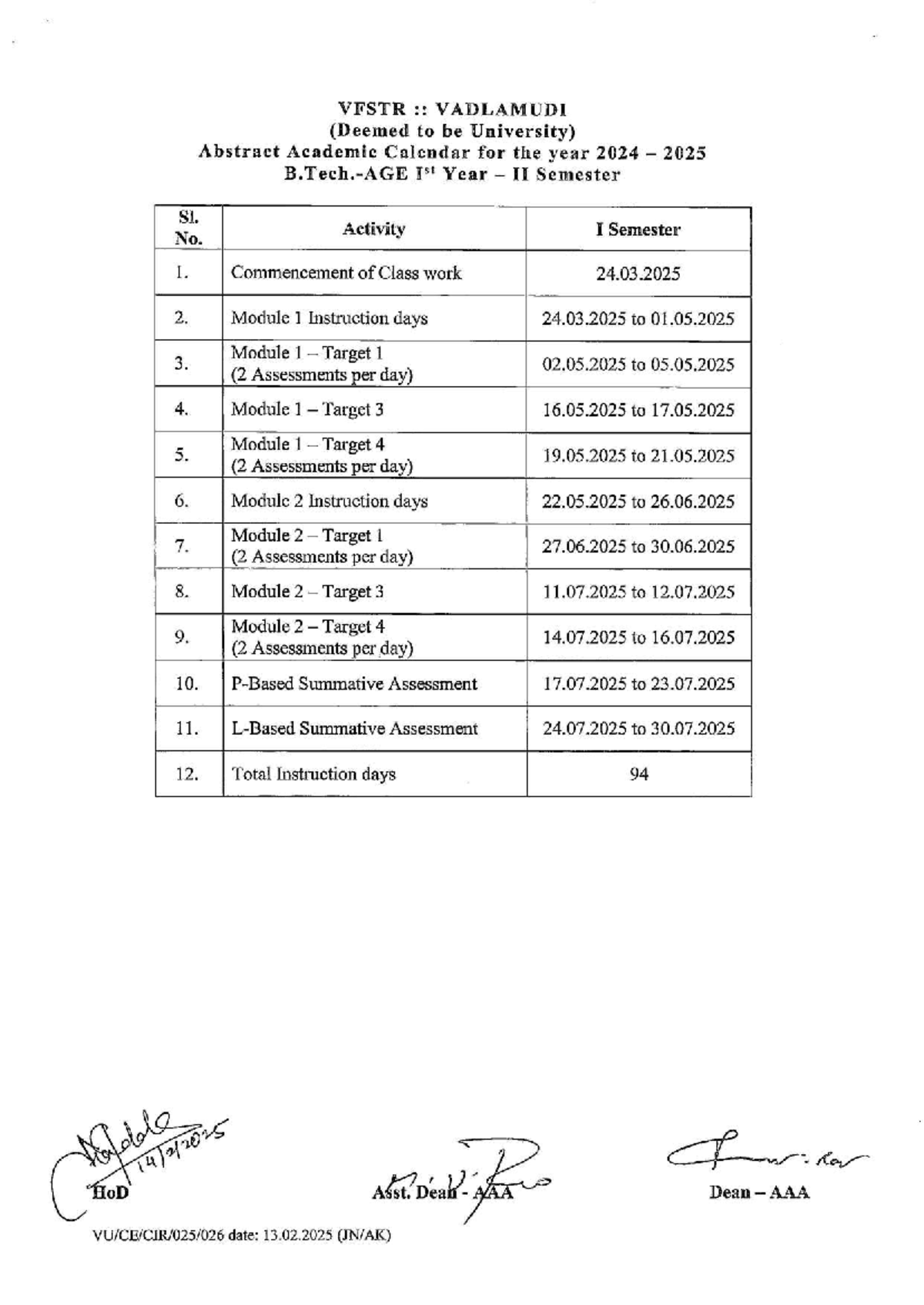 Academic Calendar for B.Tech (AGE) 2024-25 at VFSTR University - Studocu