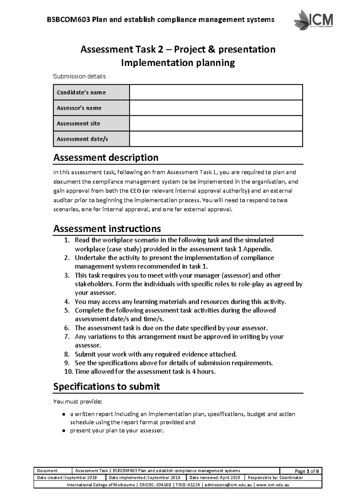 BSBCOM603 Assessment Task 2: Compliance Mgmt System Implementation Plan ...