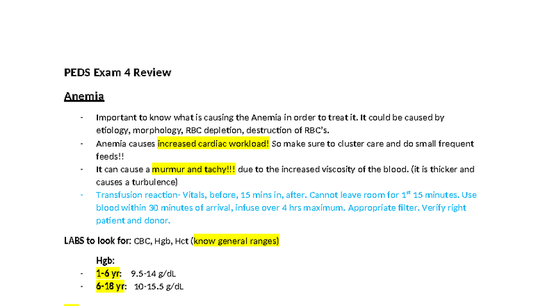 PEDS 4 Exam Review: Key Concepts on Anemia and Related Conditions - Studocu