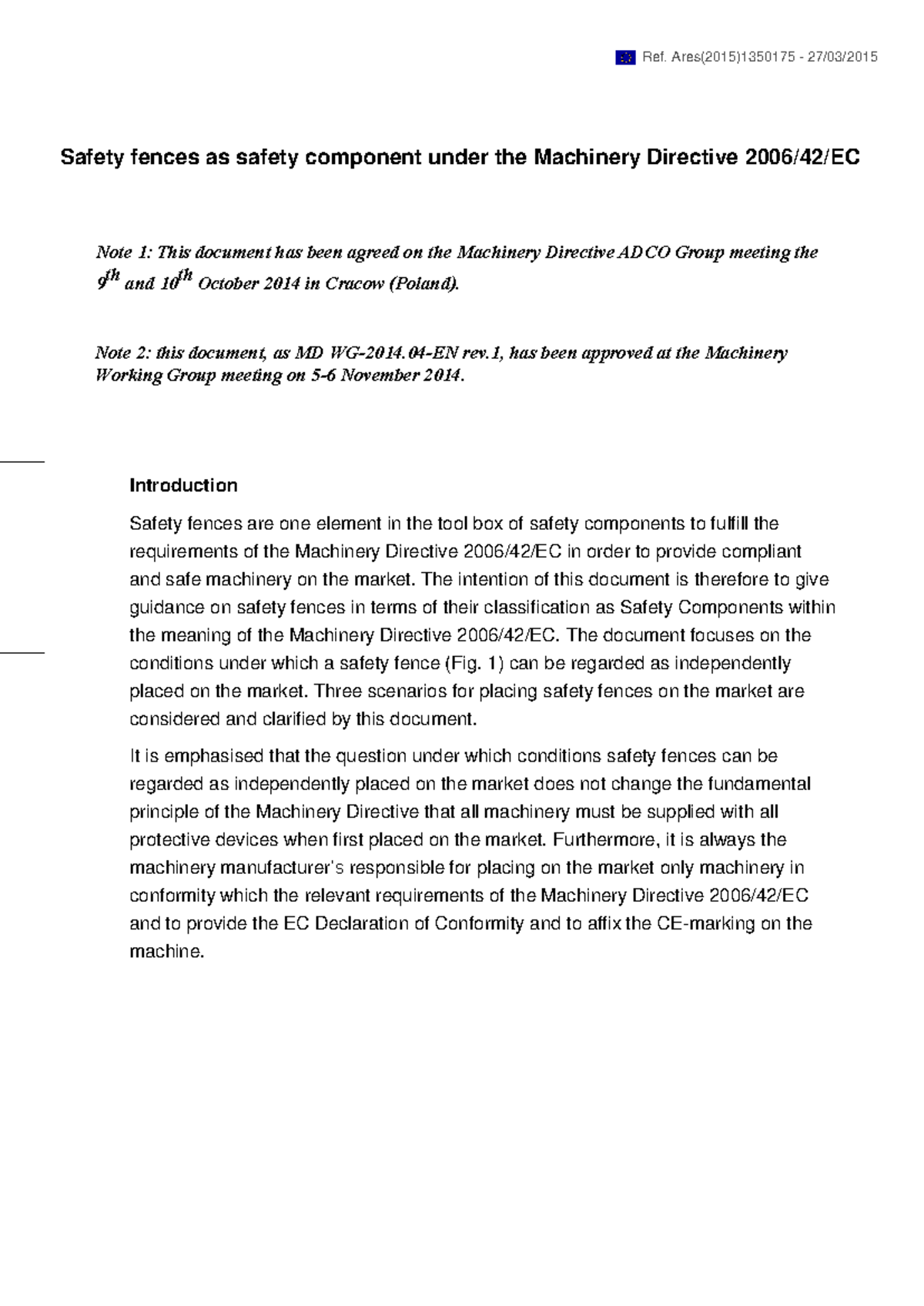 Safety Fences as Safety Components Under Machinery Directive 2006/42/EC ...
