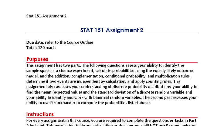 Stat 2 STAT 151 Assignment 2: Probability and R Commander Tasks - Studocu