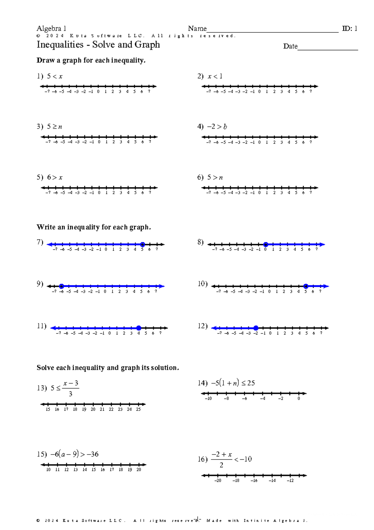 Algebra 1: Inequalities - Solve and Graph Worksheet - Studocu
