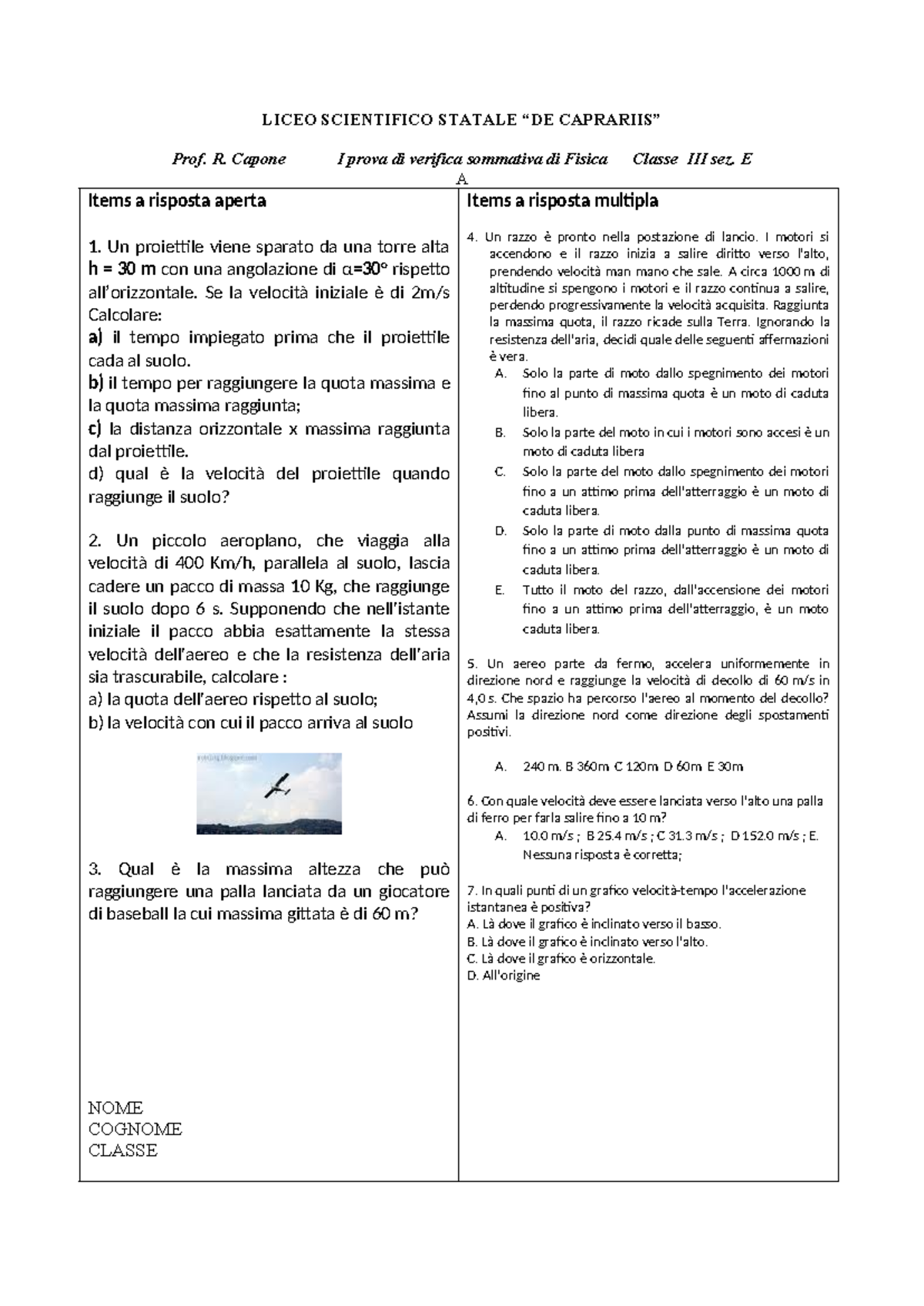 I verifica di fisica I quadr - LICEO SCIENTIFICO STATALE “DE CAPRARIIS ...